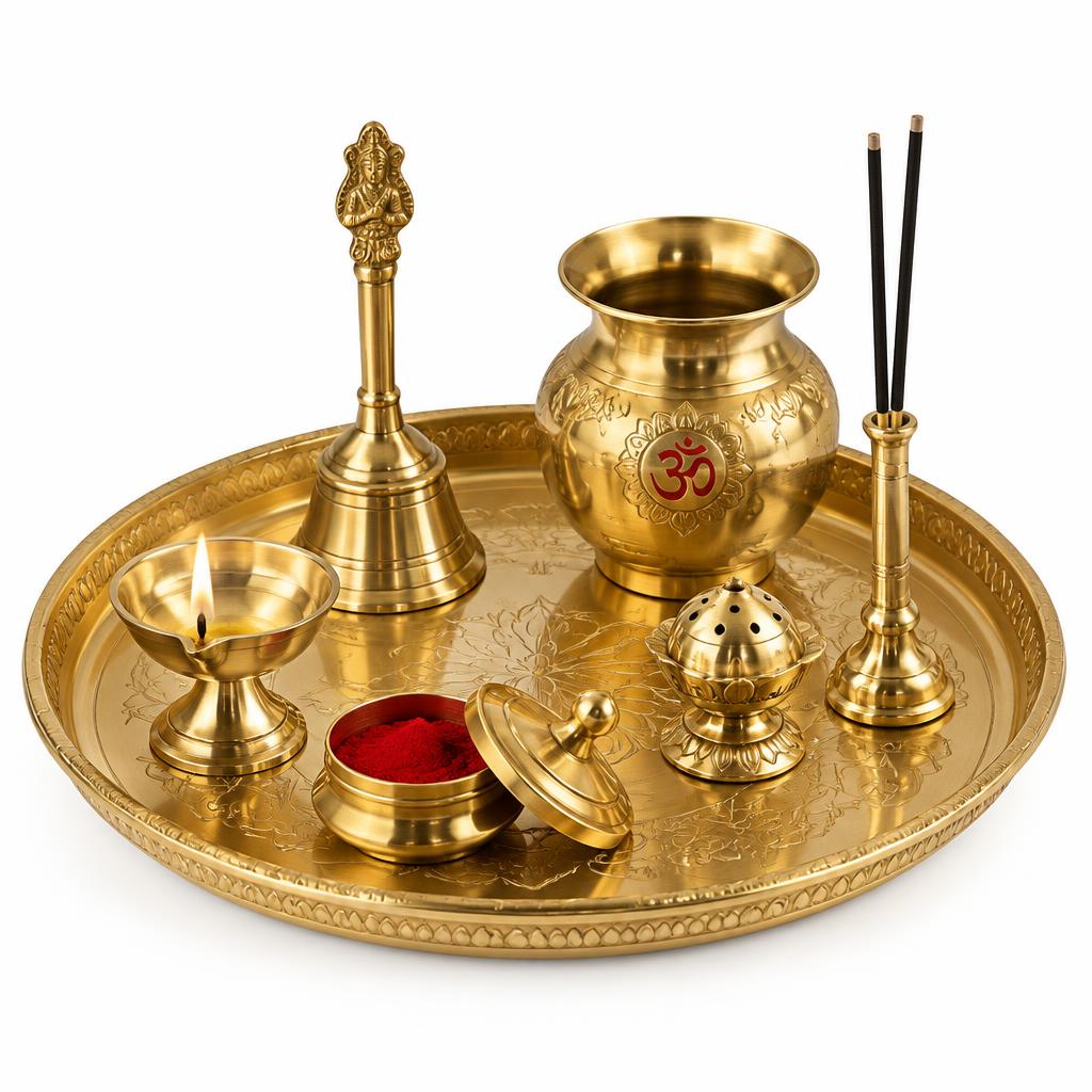 Brass Finish Puja Thali Set (7 Pieces)